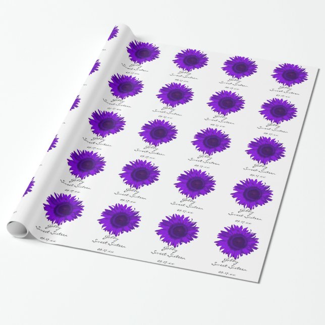 Purple Sunflowers Sweet 16 Birthday Wrapping Paper (Unrolled)