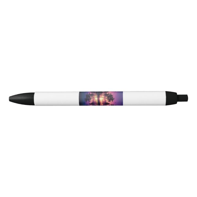 Purple Sunset Beach Palm Trees Black Ink Pen (Front)