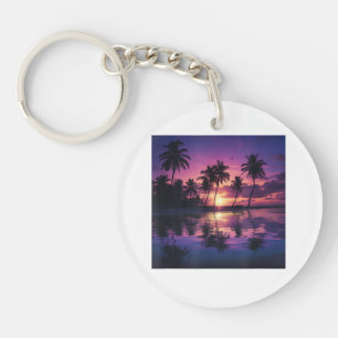 Purple Sunset Beach Palm Trees Key Ring
