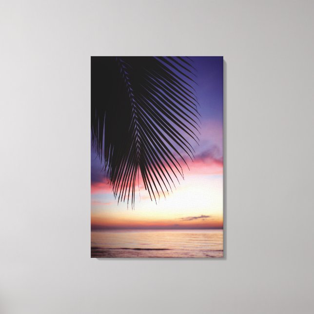 Purple Sunset Beach Tropical Palm Tree Silhouette Canvas Print (Front)
