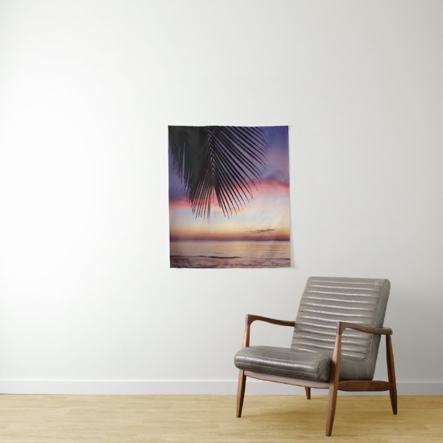 Purple Sunset Beach Tropical Palm Tree Silhouette Tapestry (In Situ)