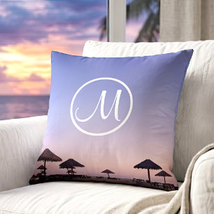 Purple Sunset California Beach Photo Monogram Name Cushion