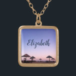 Purple Sunset California Beach Photo Monogram Name Gold Plated Necklace<br><div class="desc">A purple blue and pink sunset on a Southern California beach with thatched palapas oozes relaxation and reflection. Travel back to your vacation beach days whenever you wear this stunning, beautiful photography personalised name charm necklace. This necklace comes in small, medium and large sizes, as well as both square and...</div>
