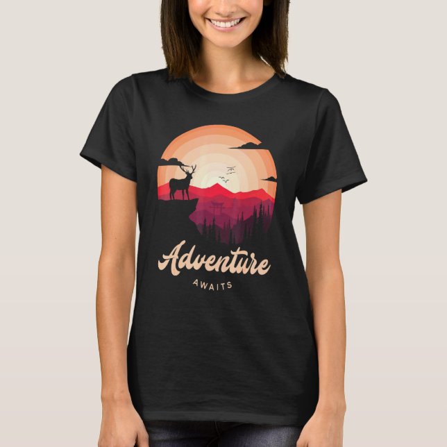 Purple Sunset Mountain Deer Forest Adventure Await T-Shirt (Front)