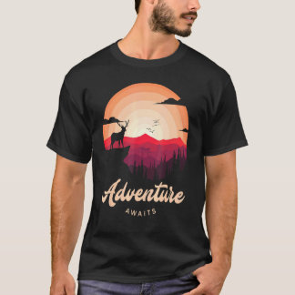 Purple Sunset Mountain Deer Forest Adventure Await T-Shirt