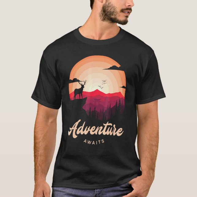 Purple Sunset Mountain Deer Forest Adventure Await T-Shirt (Front)