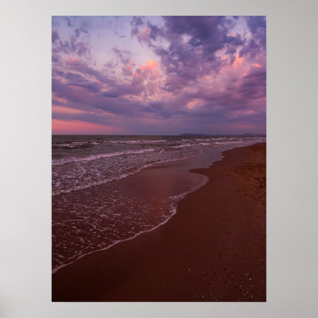 Purple sunset on the sandy beach - Rimini, Italy.  Poster (Front)