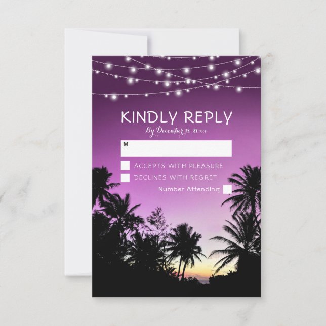 Purple Sunset Palm Tree Beach Lights Wedding RSVP (Front)