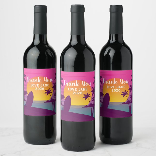 Purple sunset surf beach wine label (Bottles)