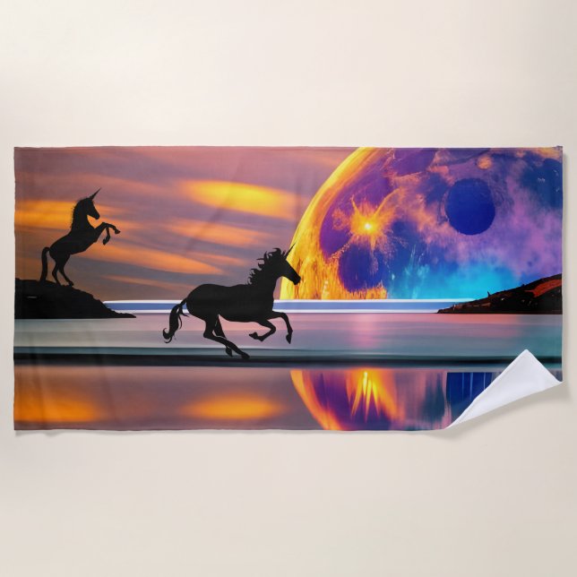 Purple Sunset, unicorns, Full Moon on the beach  Beach Towel (Front)