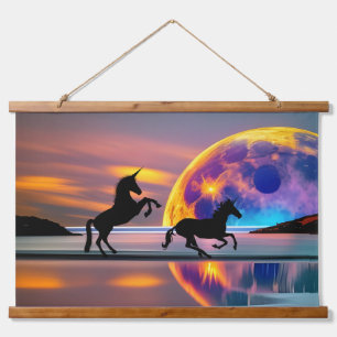 Purple Sunset, unicorns, Full Moon on the beach Hanging Tapestry
