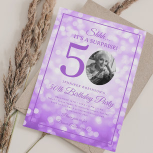 Purple SURPRISE Photo 50th Birthday Glam Lights Invitation