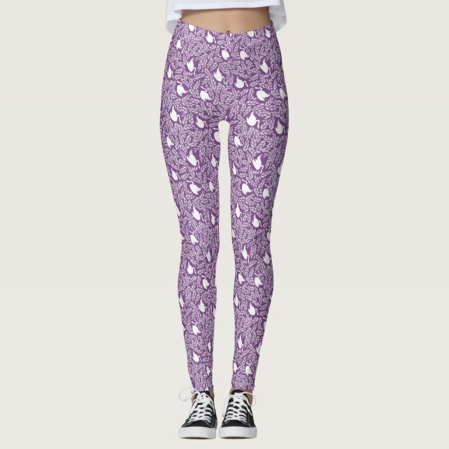 Purple Swan and Floral Leaf Pattern Leggings (Front)