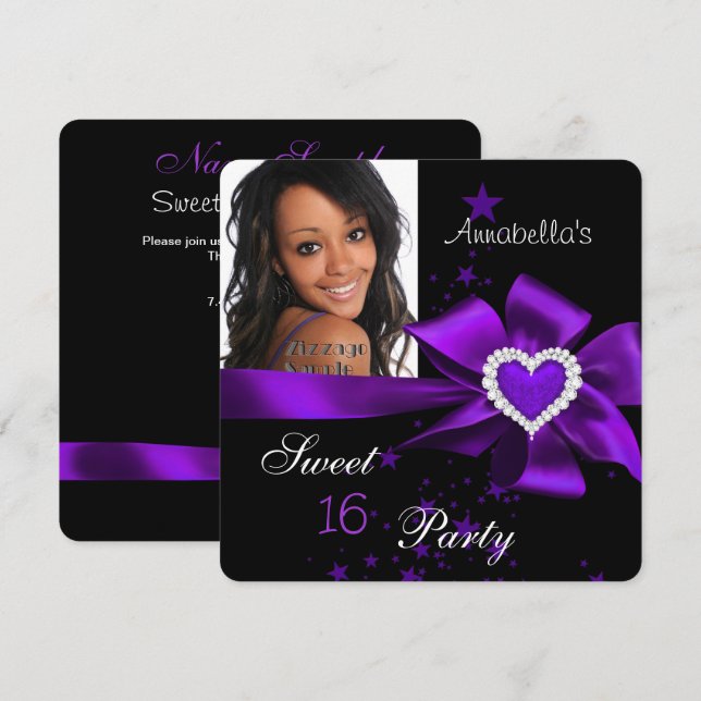 Purple Sweet 16 Birthday Party Heart Photo Invitation (Front/Back)