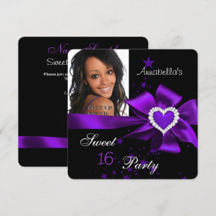 Purple Sweet 16 Birthday Party Heart Photo Invitation