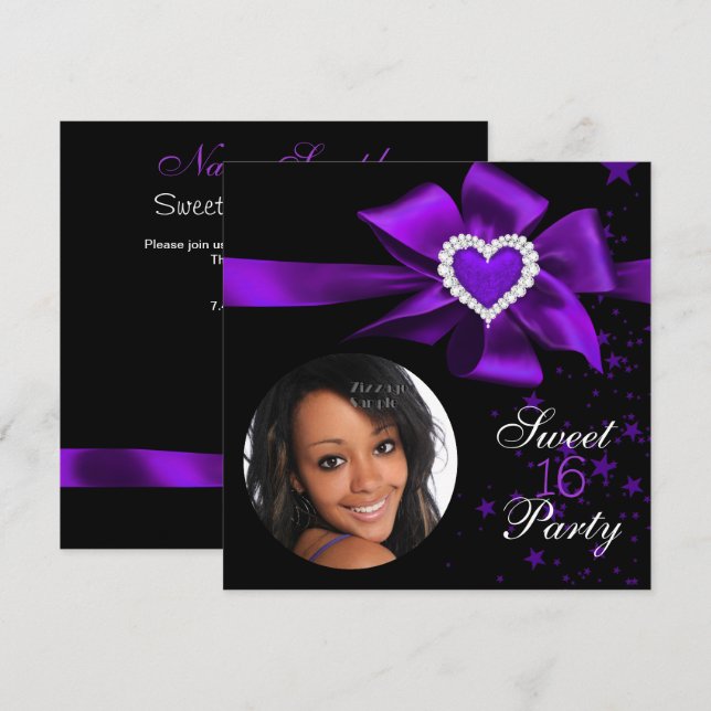 Purple Sweet 16 Birthday Party Heart Photo Invitation (Front/Back)