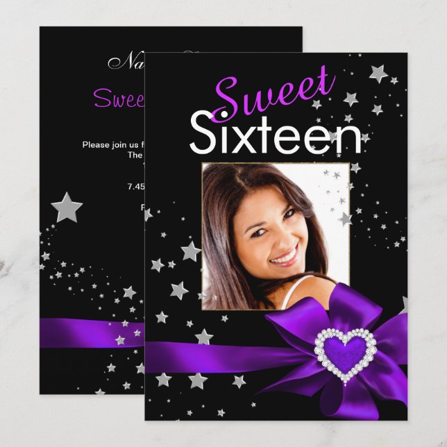 Purple Sweet 16 Birthday Party Heart Photo Stars Invitation (Front/Back)