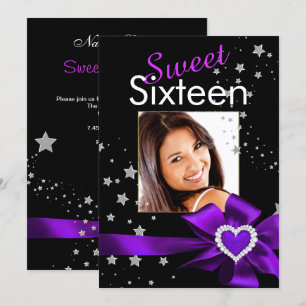 Purple Sweet 16 Birthday Party Heart Photo Stars Invitation