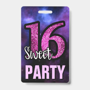 Purple Sweet 16 Birthday Party Invitation ID Card Badge