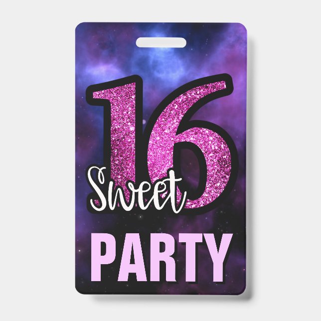 Purple Sweet 16 Birthday Party Invitation ID Card Badge (Front)