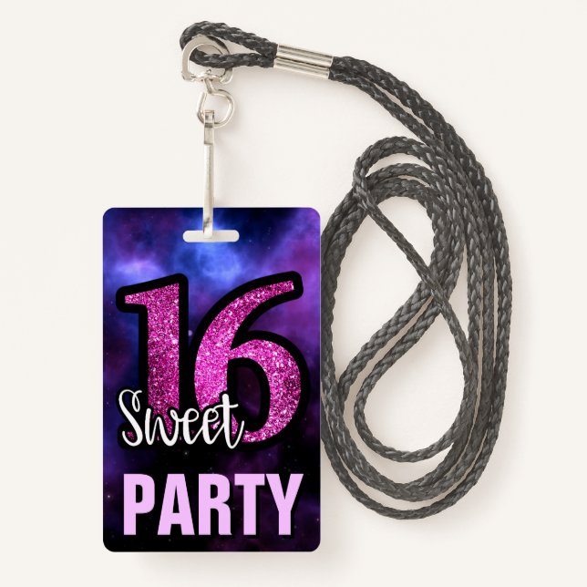 Purple Sweet 16 Birthday Party Invitation ID Card ID Badge (Front with Lanyard)