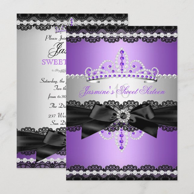Purple Sweet 16 Birthday Party Silver Black Lace Invitation (Front/Back)
