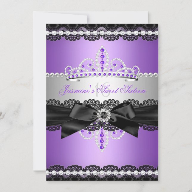 Purple Sweet 16 Birthday Party Silver Black Lace Invitation (Front)