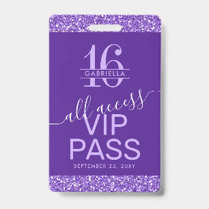Purple Sweet 16 Invitation VIP Pass ID Badge