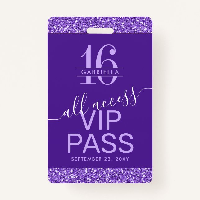 Purple Sweet 16 Invitation VIP Pass ID Badge (Front)