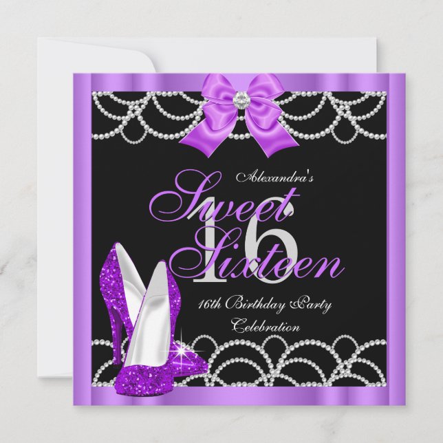 Purple Sweet 16 Party Sweet Sixteen Glitter Black Invitation (Front)
