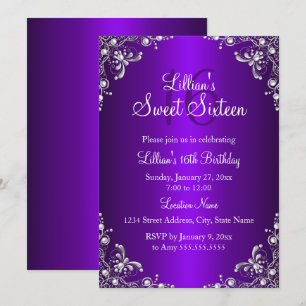 Purple Sweet 16 Silver Pearl Damask Invitation