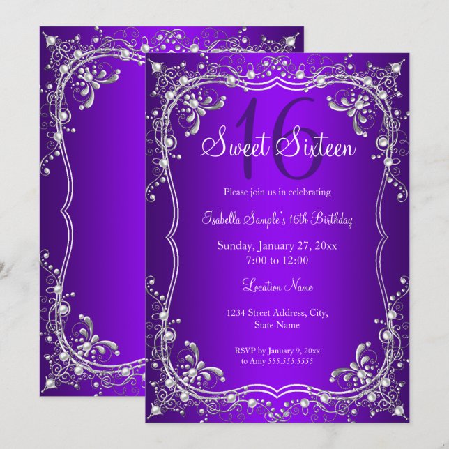 Purple Sweet 16 Silver Pearl Damask party Invitation (Front/Back)
