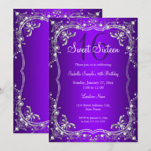Purple Sweet 16 Silver Pearl Damask party Invitation