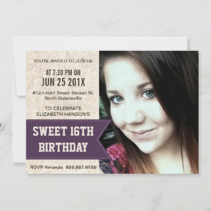 Purple Sweet 16th Birthday Party with large Photo Invitation