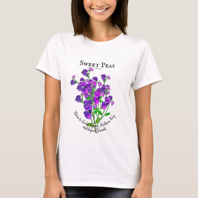 Purple Sweet Peas Bunch by Artist with Text T-Shirt (Front)