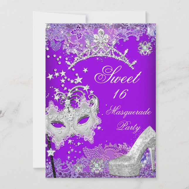 Purple Sweet Sixteen 16 Masquerade Party Tiara 2 Invitation (Front)
