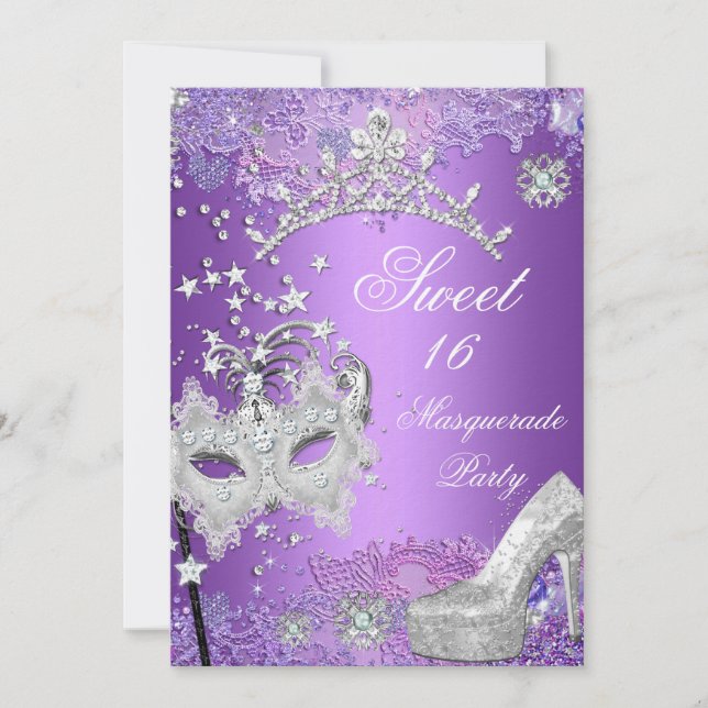 Purple Sweet  Sixteen 16 Masquerade Party Tiara Invitation (Front)