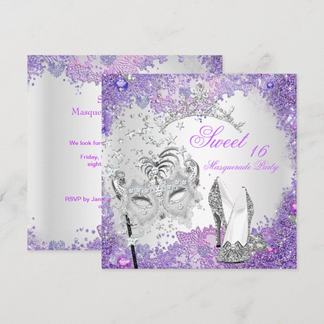 Purple Sweet Sixteen 16 Masquerade Party Tiara Invitation (Front/Back)