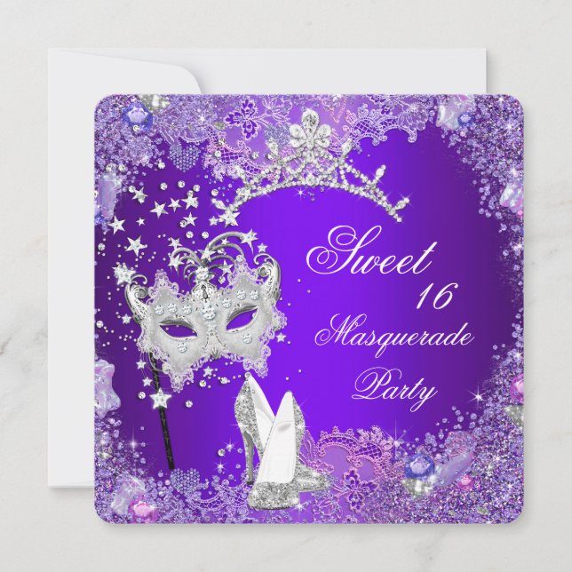 Purple Sweet Sixteen 16 Masquerade Party Tiara Invitation (Front)