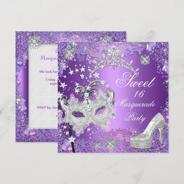 Purple Sweet  Sixteen 16 Masquerade Tiara Shoe Invitation (Front/Back)