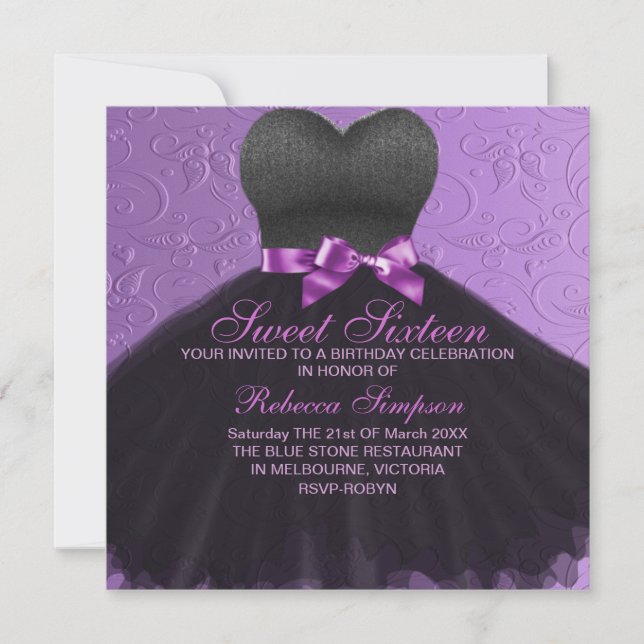 Purple Sweet Sixteen Black Dress Invitation (Front)