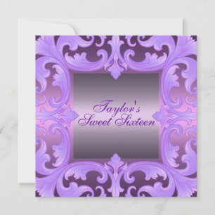 Purple Sweet Sixteen Damask Design Birthday Invite