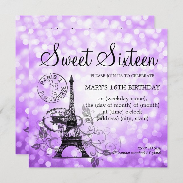 Purple Sweet Sixteen Romantic Paris Glam Invitation (Front/Back)