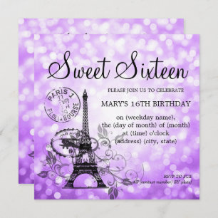 Purple Sweet Sixteen Romantic Paris Glam Invitation