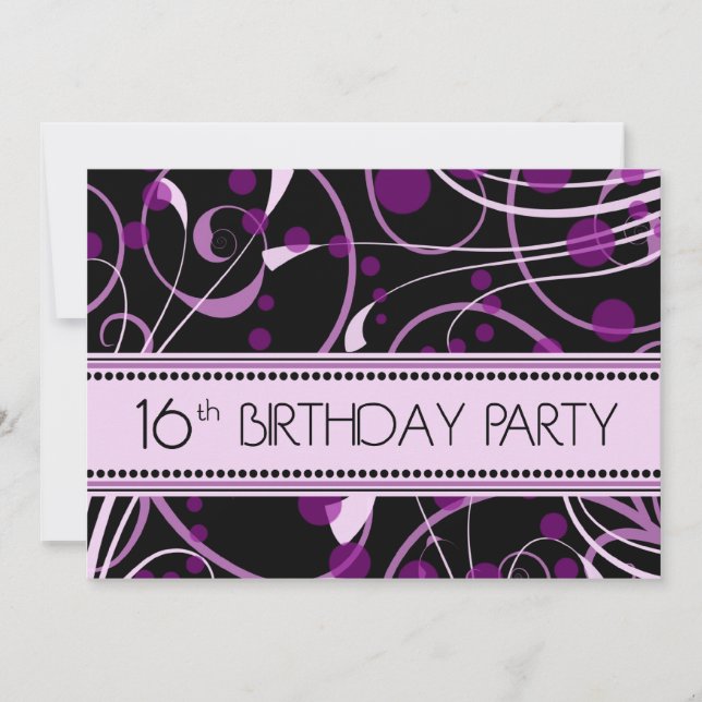 Purple Swirl 16th Birthday Party Invitation Cards (Front)