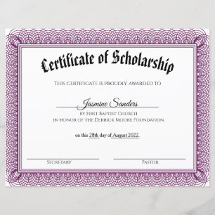 Purple Swirl Border Scholarship Certificate