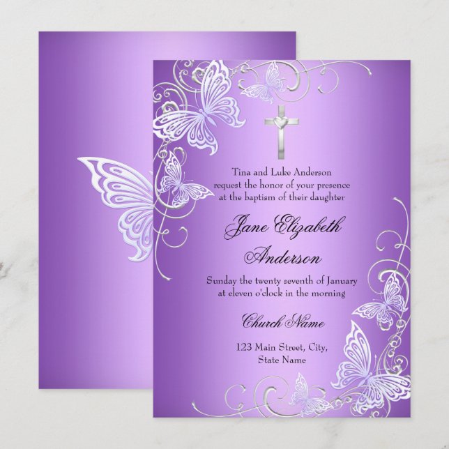 Purple Swirl Butterfly & Cross Baptism Invite (Front/Back)