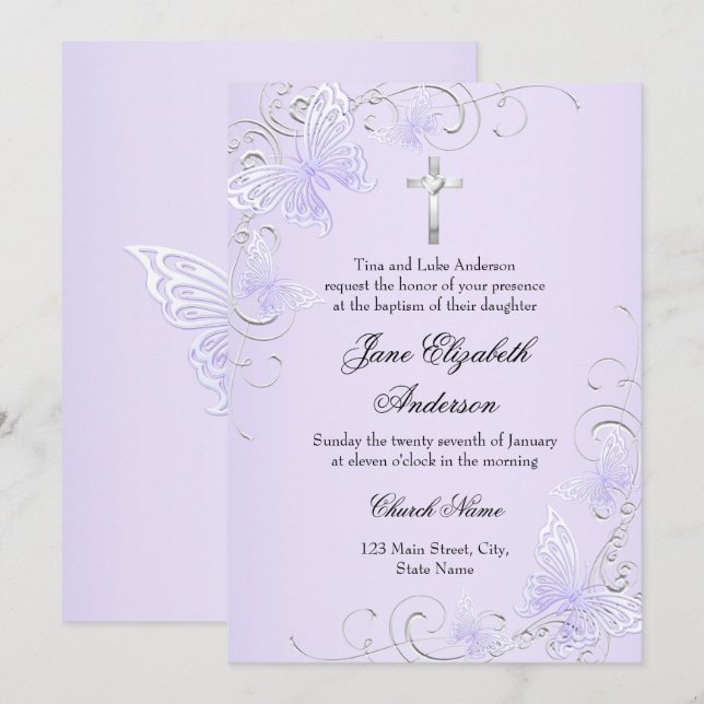 Purple Swirl Butterfly & Cross Baptism Invite (Front/Back)