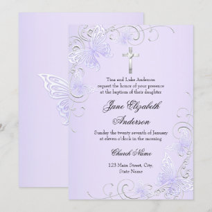 Purple Swirl Butterfly & Cross Baptism Invite
