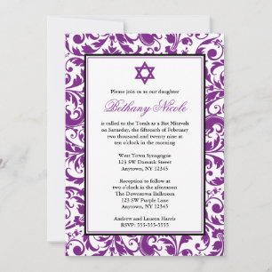 Purple Swirl Damask Bat Mitzvah Invitations